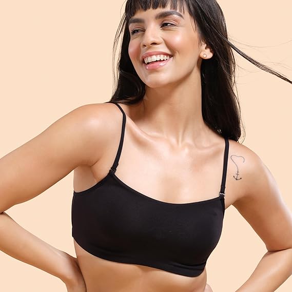 Enamor Moulded Double Layer Cotton Cami Bra – Detachable Slim Straps, Back Keyhole, Non-Padded, Wirefree, High Coverage A022